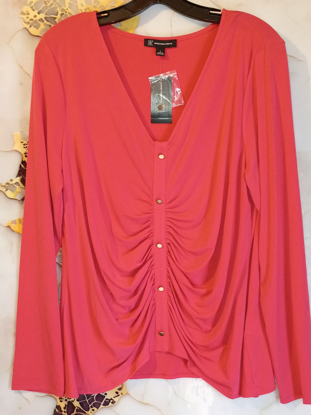 INC International Concepts Coral Pink Ruched V-Neck Long Sleeve Top
